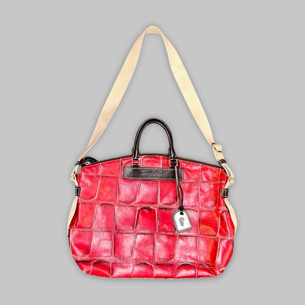 Vintage Dooney & Bourke Red Croc-Embossed Leather Satchel with Canvas Strap
